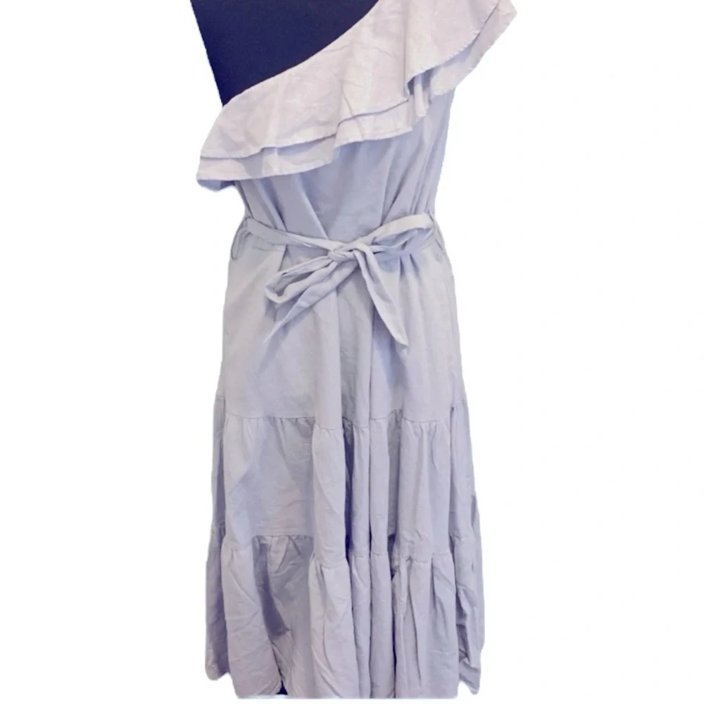 Nicole Miller Blue Linen One Shoulder MIDI Dress Ruffles Chambray XS NWOT - Picture 2 of 5